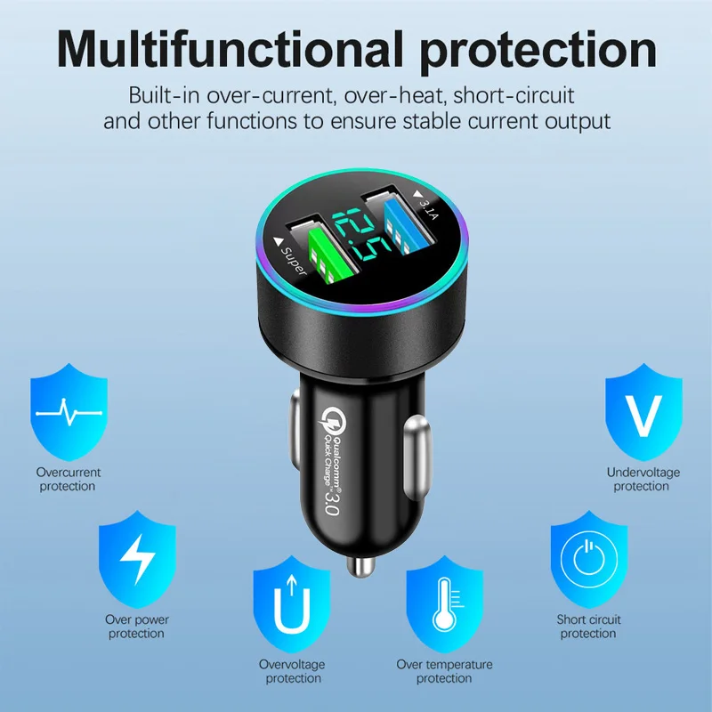 120W 2Port USB Digital Real-time Voltage car charger QC3.0 car Super Fast charger for Phones Car cigarette lighter adapter
