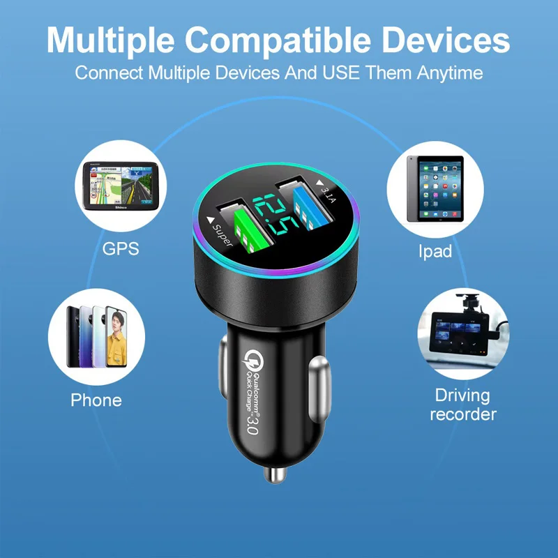 120W 2Port USB Digital Real-time Voltage car charger QC3.0 car Super Fast charger for Phones Car cigarette lighter adapter