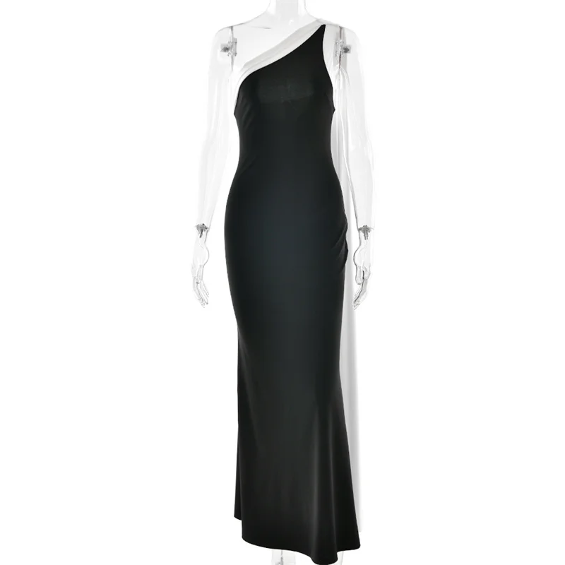 Blifanbo Diagonal Collar Ribbon Sexy Maxi Dress Women Elegant Bodycon Constrast Color Sleeveless Backless Club Party Long Dress