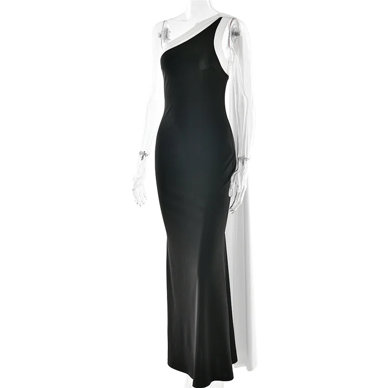Blifanbo Diagonal Collar Ribbon Sexy Maxi Dress Women Elegant Bodycon Constrast Color Sleeveless Backless Club Party Long Dress