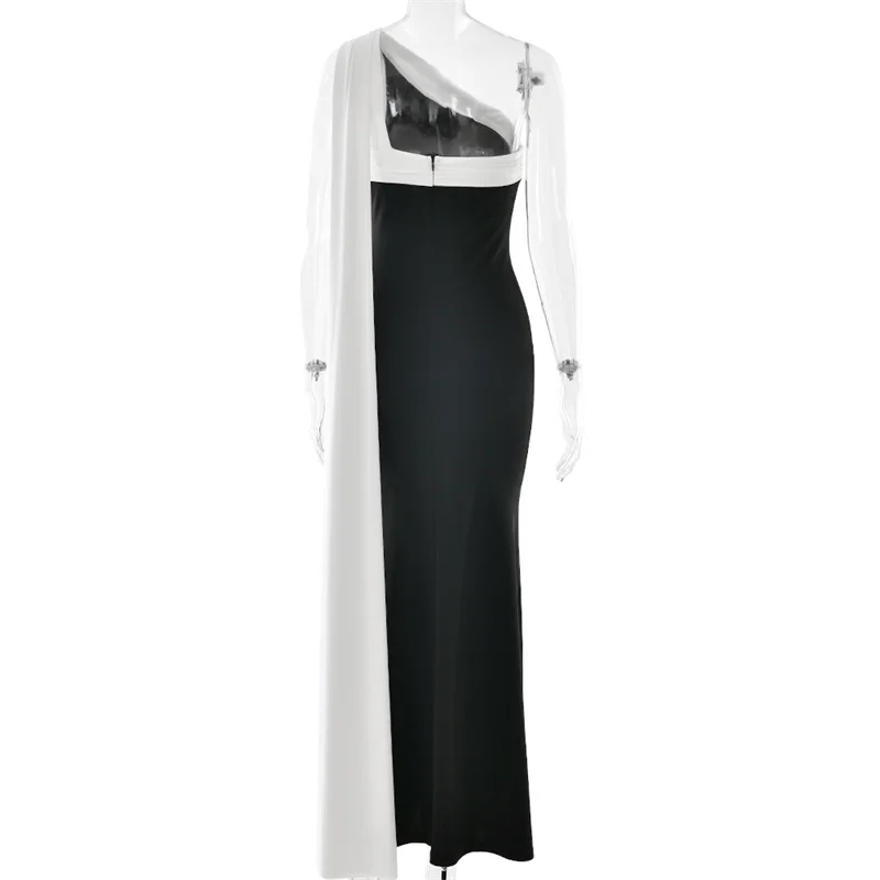 Blifanbo Diagonal Collar Ribbon Sexy Maxi Dress Women Elegant Bodycon Constrast Color Sleeveless Backless Club Party Long Dress