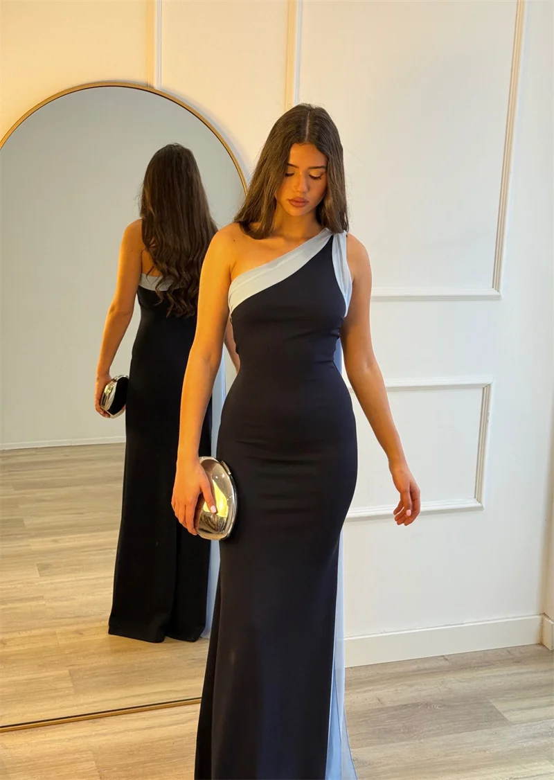 Blifanbo Diagonal Collar Ribbon Sexy Maxi Dress Women Elegant Bodycon Constrast Color Sleeveless Backless Club Party Long Dress