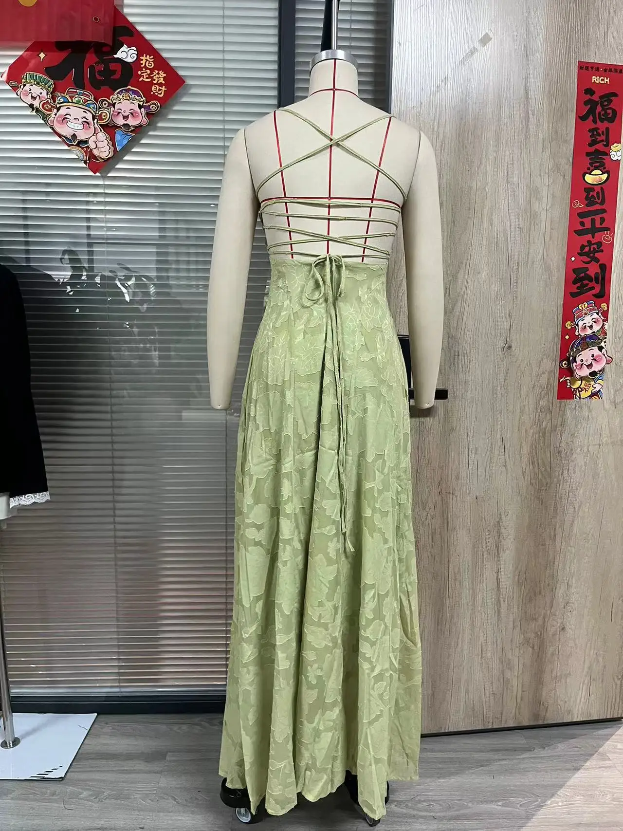 Jacquard Chiffon Long Dress Women's Backless Bandage Dresses Summer Evening Wedding Guest Green White Burgundy Pink Graduation