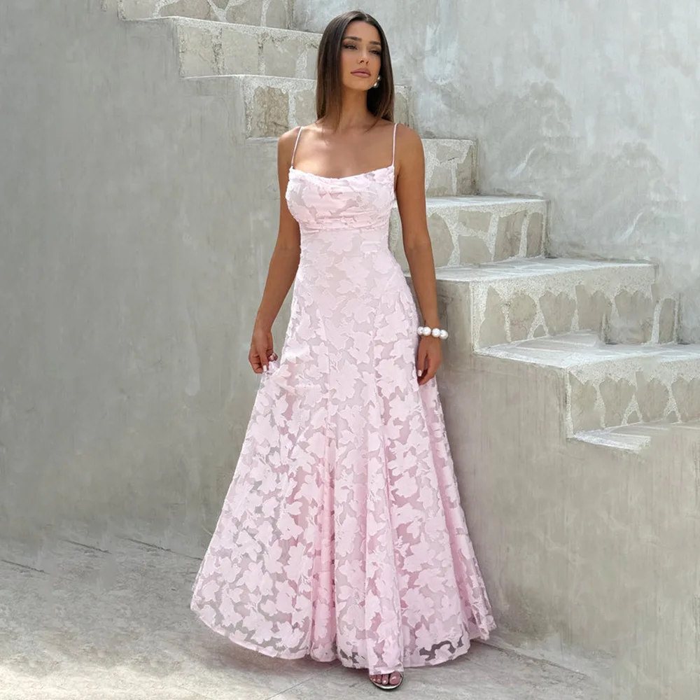 Jacquard Chiffon Long Dress Women's Backless Bandage Dresses Summer Evening Wedding Guest Green White Burgundy Pink Graduation