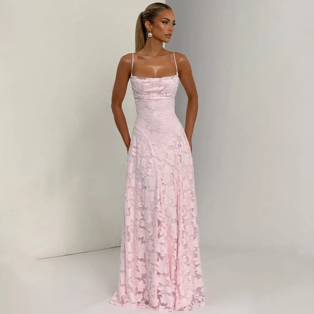 Jacquard Chiffon Long Dress Women's Backless Bandage Dresses Summer Evening Wedding Guest Green White Burgundy Pink Graduation