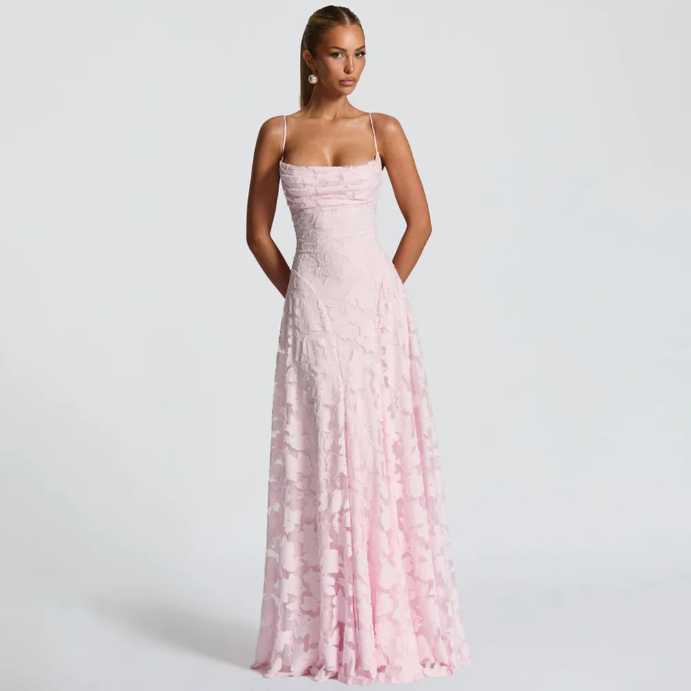 Jacquard Chiffon Long Dress Women's Backless Bandage Dresses Summer Evening Wedding Guest Green White Burgundy Pink Graduation