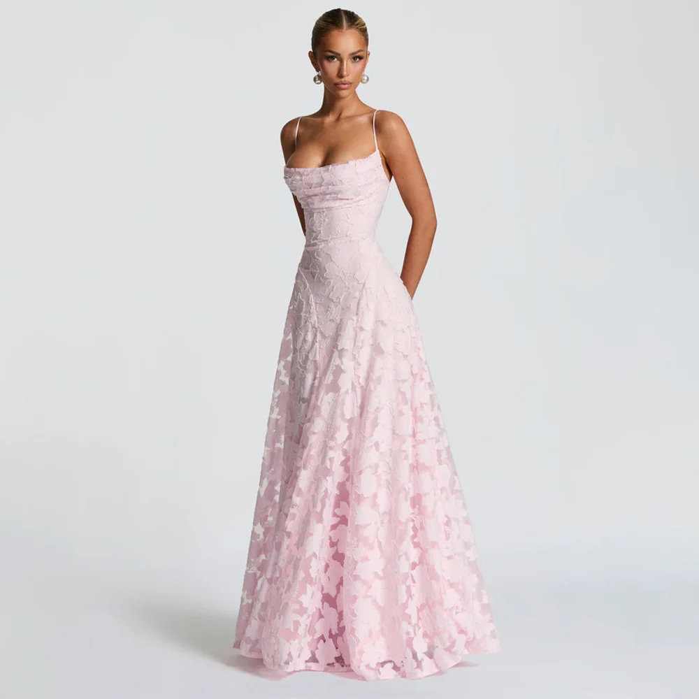 Jacquard Chiffon Long Dress Women's Backless Bandage Dresses Summer Evening Wedding Guest Green White Burgundy Pink Graduation