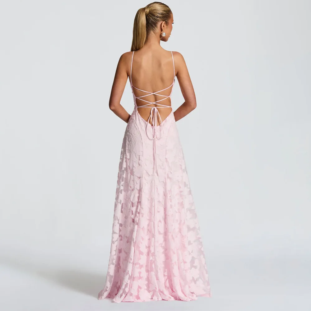 Jacquard Chiffon Long Dress Women's Backless Bandage Dresses Summer Evening Wedding Guest Green White Burgundy Pink Graduation