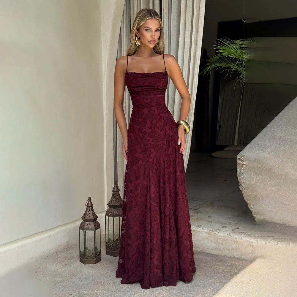 Jacquard Chiffon Long Dress Women's Backless Bandage Dresses Summer Evening Wedding Guest Green White Burgundy Pink Graduation