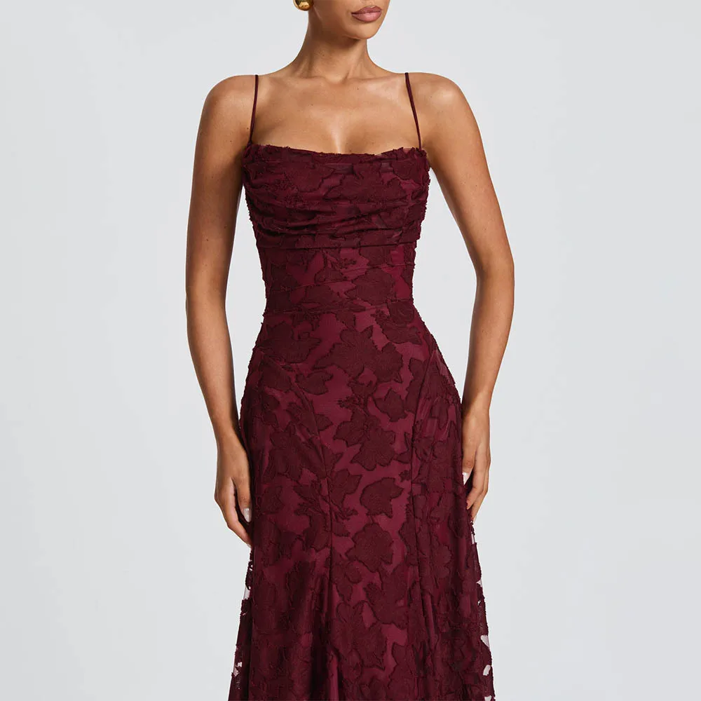 Jacquard Chiffon Long Dress Women's Backless Bandage Dresses Summer Evening Wedding Guest Green White Burgundy Pink Graduation