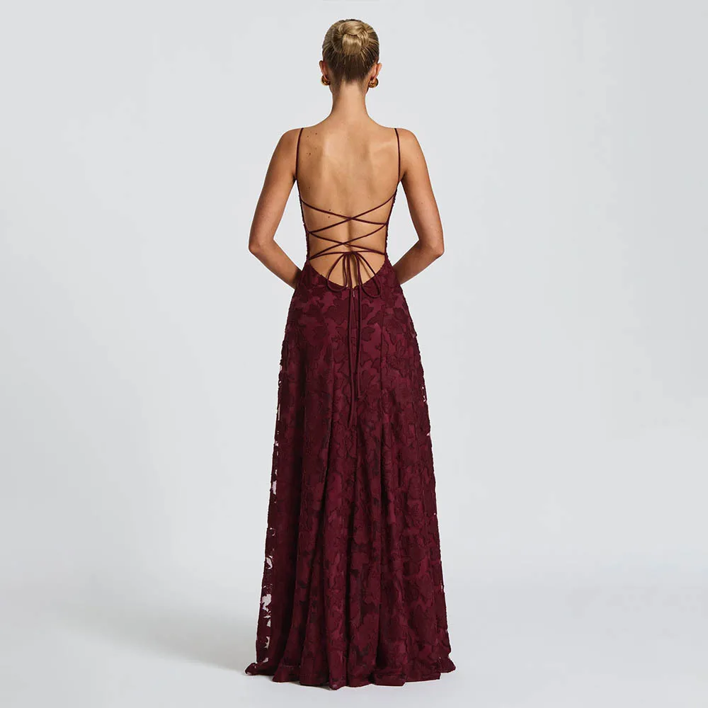 Jacquard Chiffon Long Dress Women's Backless Bandage Dresses Summer Evening Wedding Guest Green White Burgundy Pink Graduation