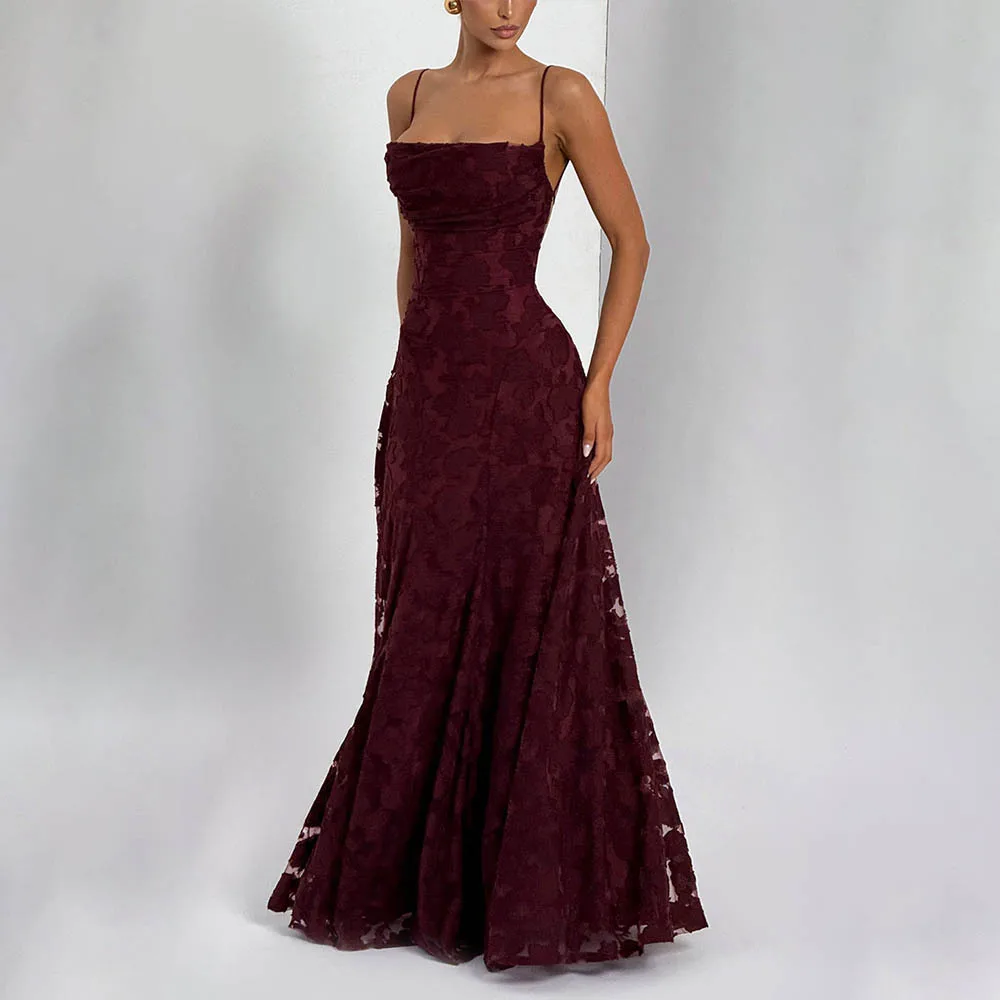 Jacquard Chiffon Long Dress Women's Backless Bandage Dresses Summer Evening Wedding Guest Green White Burgundy Pink Graduation