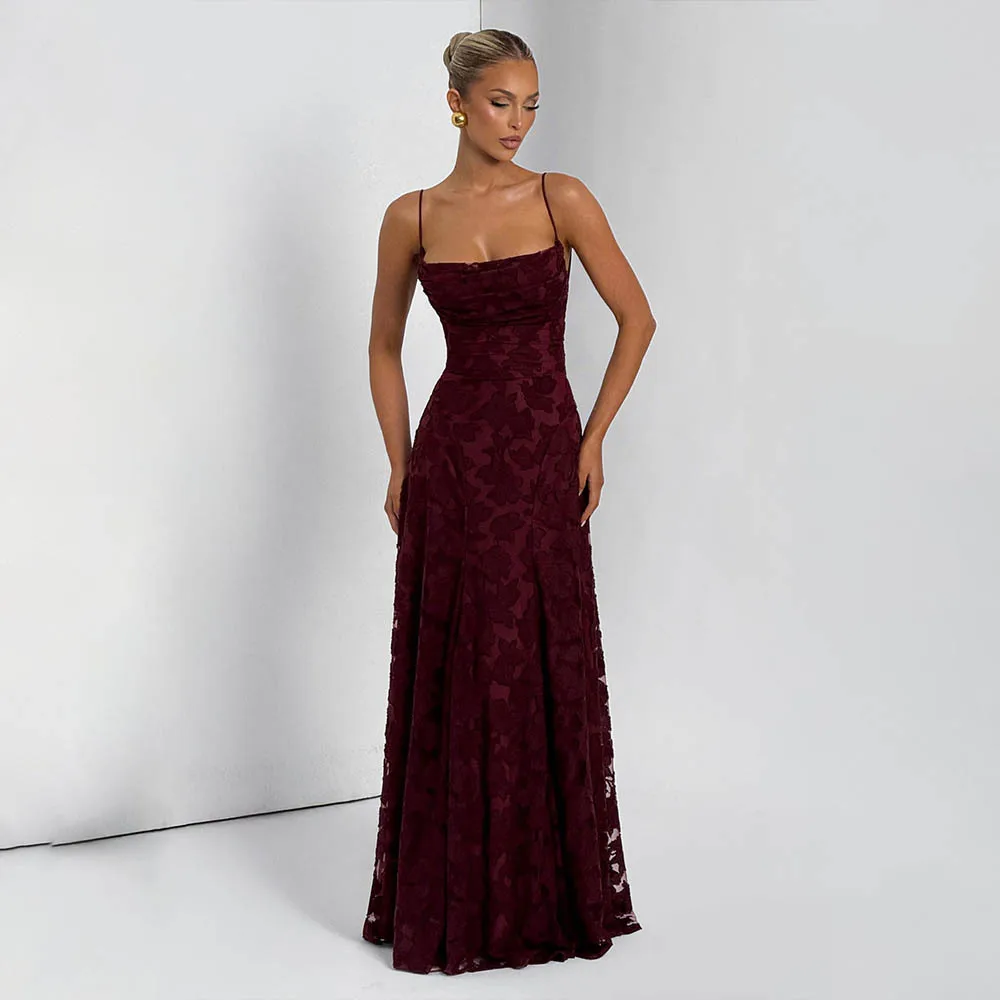Jacquard Chiffon Long Dress Women's Backless Bandage Dresses Summer Evening Wedding Guest Green White Burgundy Pink Graduation