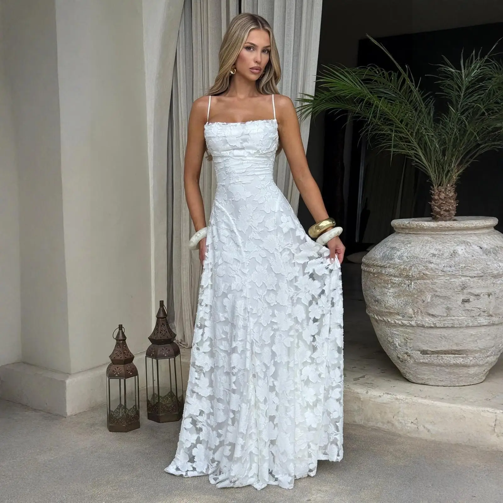 Jacquard Chiffon Long Dress Women's Backless Bandage Dresses Summer Evening Wedding Guest Green White Burgundy Pink Graduation