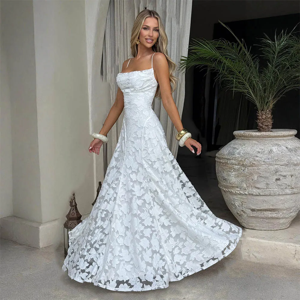Jacquard Chiffon Long Dress Women's Backless Bandage Dresses Summer Evening Wedding Guest Green White Burgundy Pink Graduation