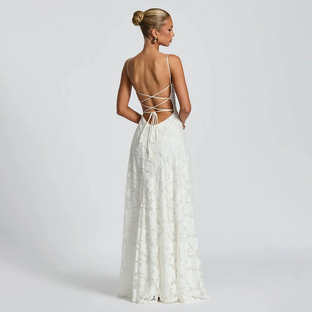 Jacquard Chiffon Long Dress Women's Backless Bandage Dresses Summer Evening Wedding Guest Green White Burgundy Pink Graduation