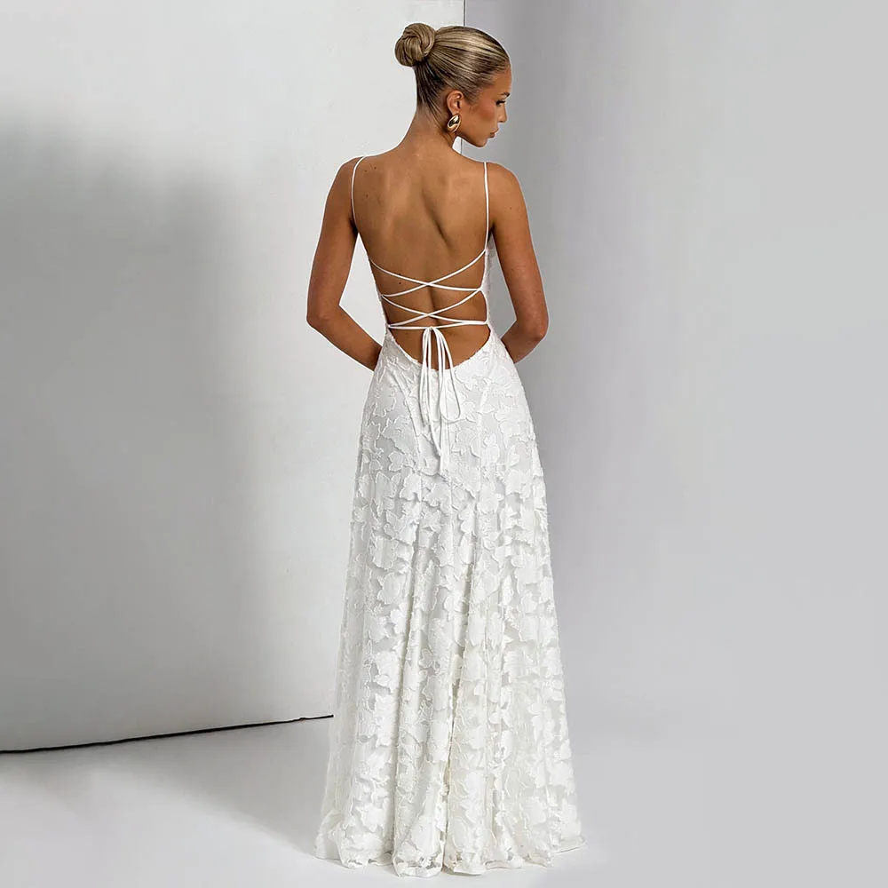 Jacquard Chiffon Long Dress Women's Backless Bandage Dresses Summer Evening Wedding Guest Green White Burgundy Pink Graduation