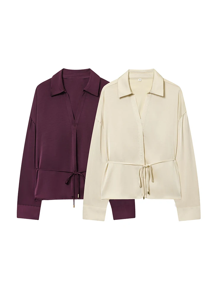 Lapel Button Skinny Belt Shirt Women Autumn 2025 Elegant Turn-down Collar Long Sleeve Lace Up Shirts Fashion Office Lady Blouses