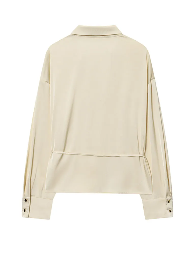 Lapel Button Skinny Belt Shirt Women Autumn 2025 Elegant Turn-down Collar Long Sleeve Lace Up Shirts Fashion Office Lady Blouses