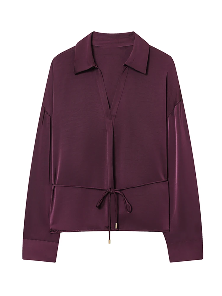 Lapel Button Skinny Belt Shirt Women Autumn 2025 Elegant Turn-down Collar Long Sleeve Lace Up Shirts Fashion Office Lady Blouses