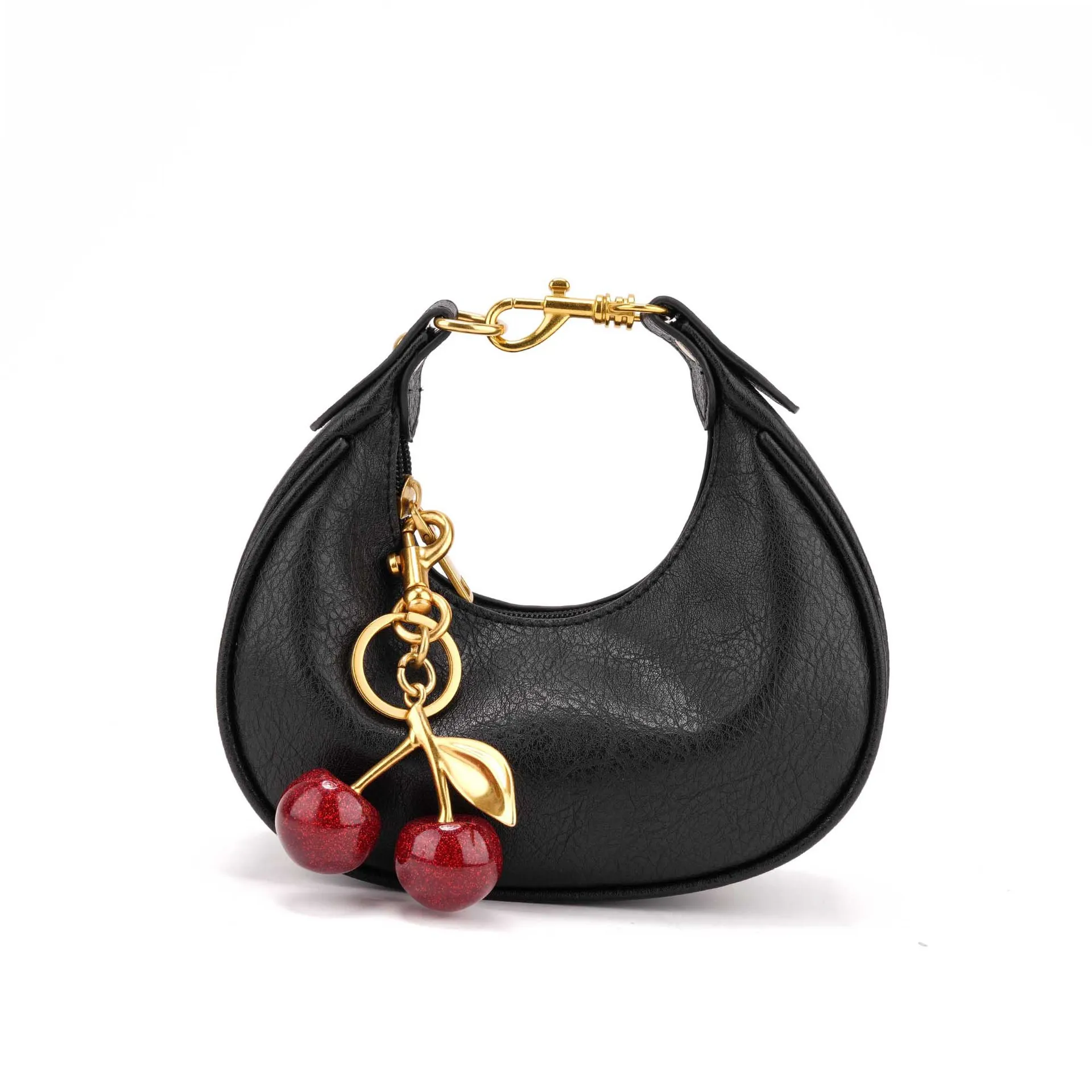 Fashion Women's Bag Temperament Versatile Crescent Bag Cherry Pendant Mini Handbag High Quality Black Luxury Armpit Bag Wallet
