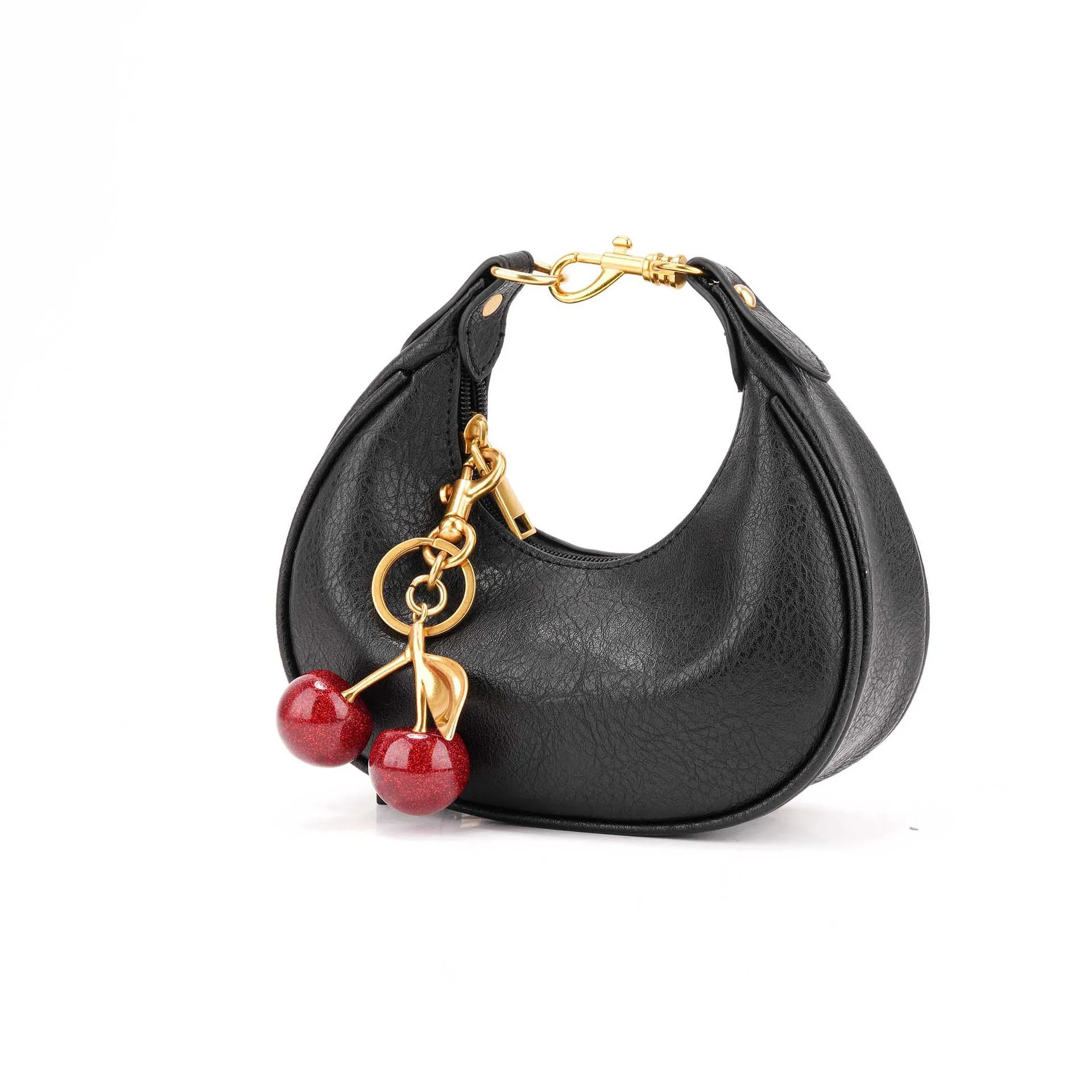 Fashion Women's Bag Temperament Versatile Crescent Bag Cherry Pendant Mini Handbag High Quality Black Luxury Armpit Bag Wallet