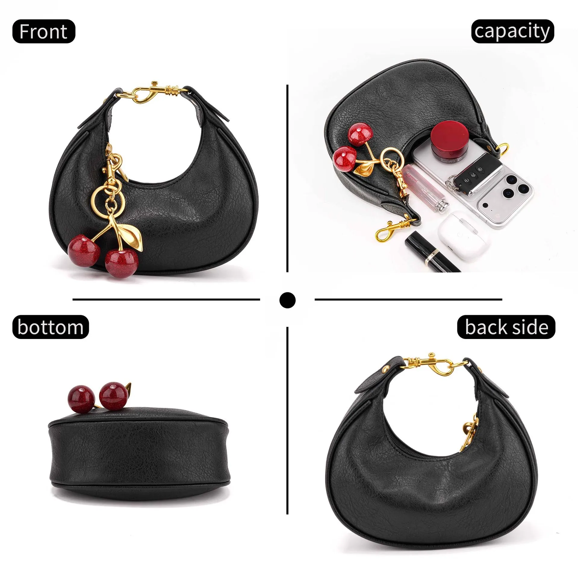 Fashion Women's Bag Temperament Versatile Crescent Bag Cherry Pendant Mini Handbag High Quality Black Luxury Armpit Bag Wallet