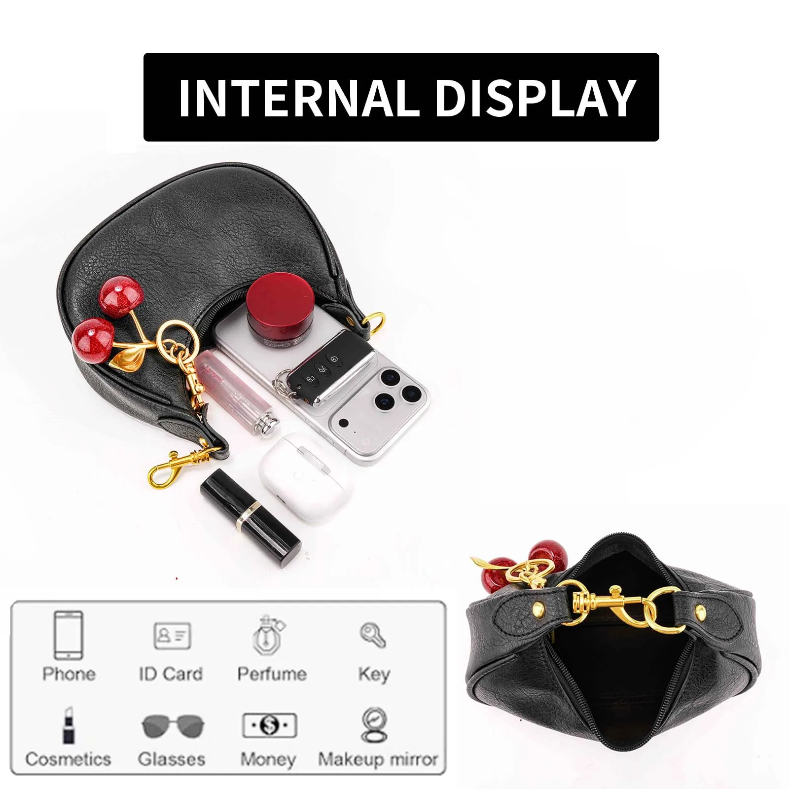 Fashion Women's Bag Temperament Versatile Crescent Bag Cherry Pendant Mini Handbag High Quality Black Luxury Armpit Bag Wallet