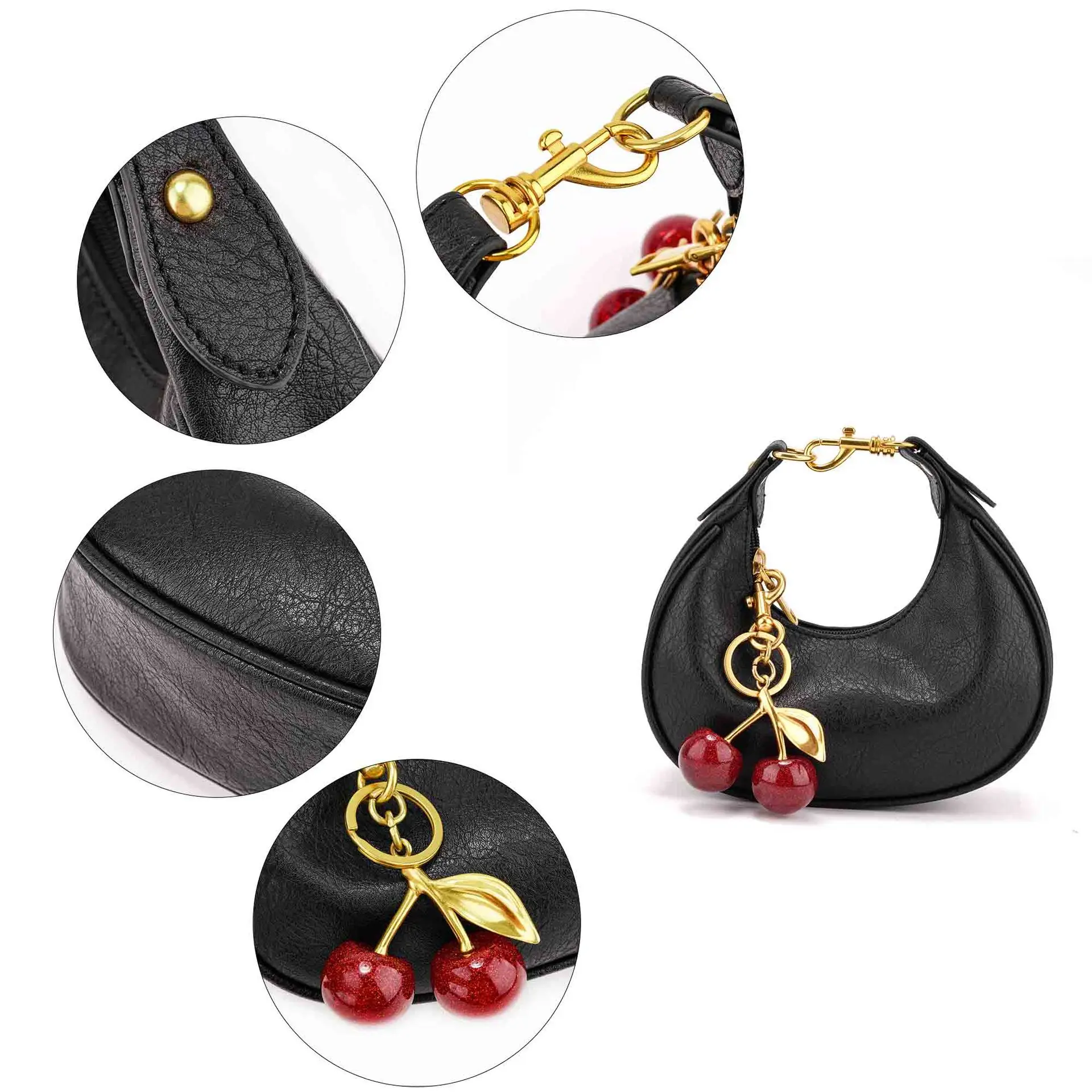 Fashion Women's Bag Temperament Versatile Crescent Bag Cherry Pendant Mini Handbag High Quality Black Luxury Armpit Bag Wallet