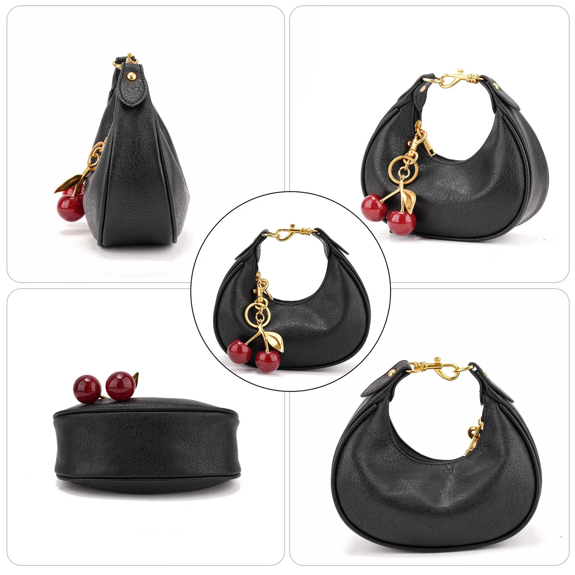 Fashion Women's Bag Temperament Versatile Crescent Bag Cherry Pendant Mini Handbag High Quality Black Luxury Armpit Bag Wallet