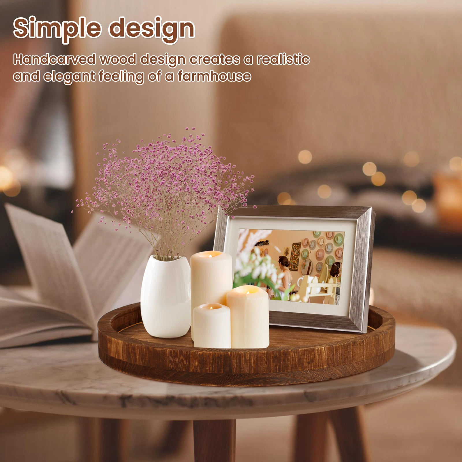 30 CM Round Wooden Tray Retro Decorative Coffee Meal Trays Serving Platter Multipurpose Candle Holder Trays for Table Home Decor
