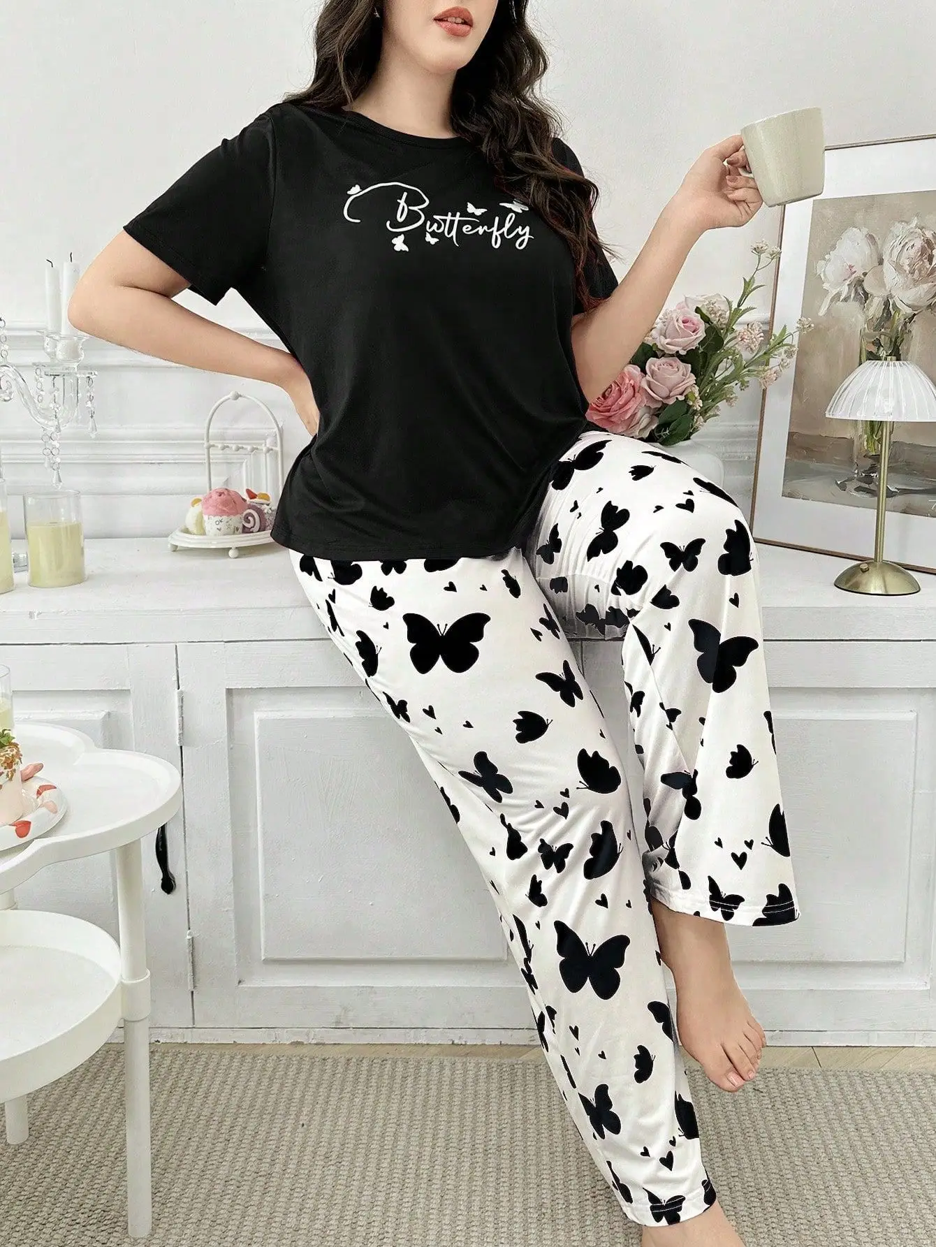 Large Size Women's Print Sleepwear Set Comfortable Nightgown with Pants Home Clothes for Relaxing at Home