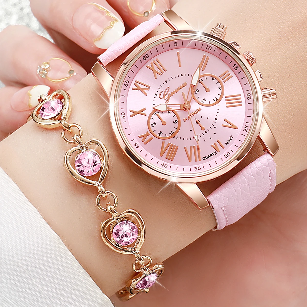 5PCS/Set Fashion Women Watch Rhinestone Heart Jewelry Set Geneva Watch Casual Leather Band Quartz Wristwatch(Without Box) - الصورة 2