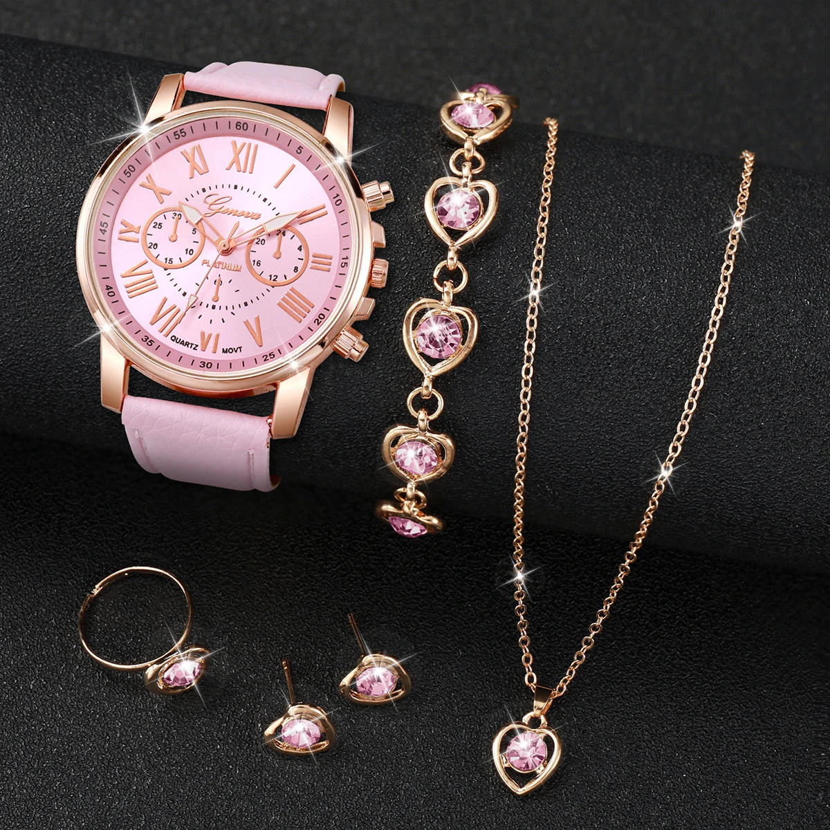 5PCS/Set Fashion Women Watch Rhinestone Heart Jewelry Set Geneva Watch Casual Leather Band Quartz Wristwatch(Without Box) - الصورة 3