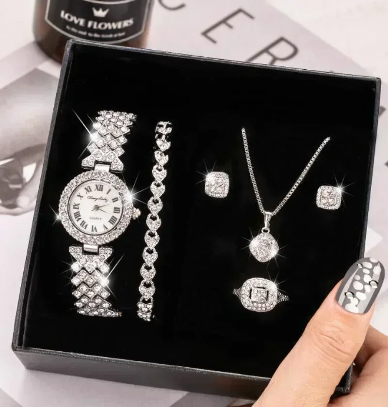 Fashion Luxury Full Crystal 5 Pcs Watch Necklace Earrings Ring Set for Women Rhinestone Wristwatch Female Bracelet Set Gift - الصورة 2