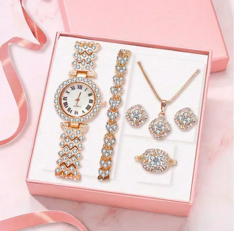 Fashion Luxury Full Crystal 5 Pcs Watch Necklace Earrings Ring Set for Women Rhinestone Wristwatch Female Bracelet Set Gift - الصورة 3