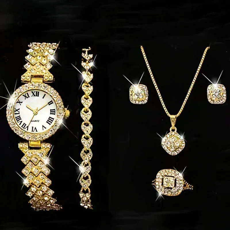 Fashion Luxury Full Crystal 5 Pcs Watch Necklace Earrings Ring Set for Women Rhinestone Wristwatch Female Bracelet Set Gift - الصورة 4