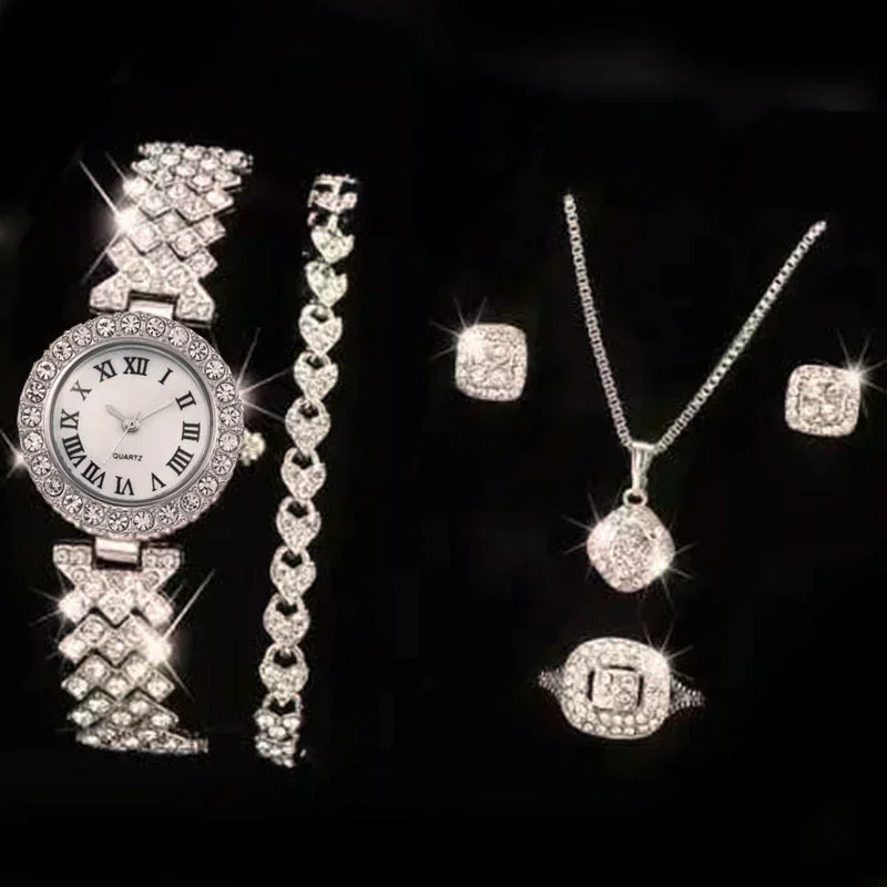 Fashion Luxury Full Crystal 5 Pcs Watch Necklace Earrings Ring Set for Women Rhinestone Wristwatch Female Bracelet Set Gift - الصورة 5