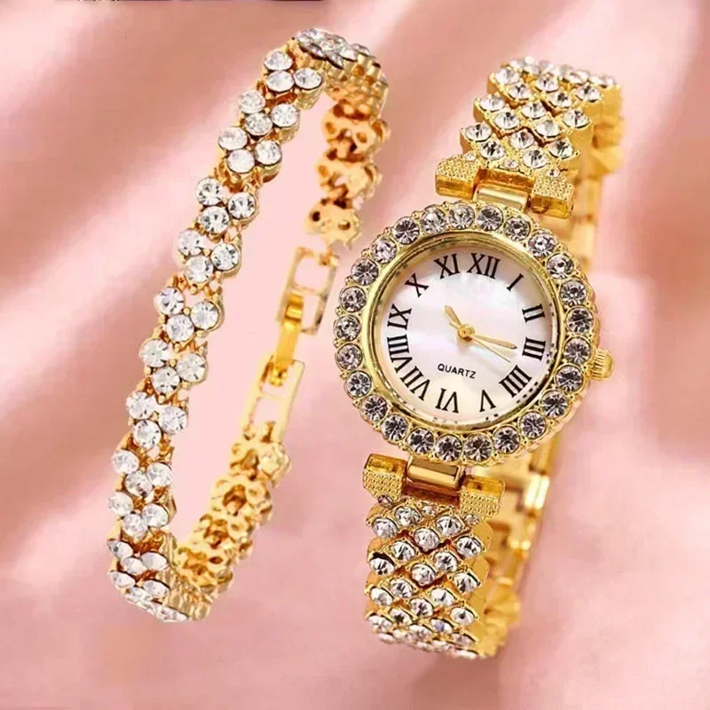 Fashion Luxury Full Crystal 5 Pcs Watch Necklace Earrings Ring Set for Women Rhinestone Wristwatch Female Bracelet Set Gift - الصورة 6